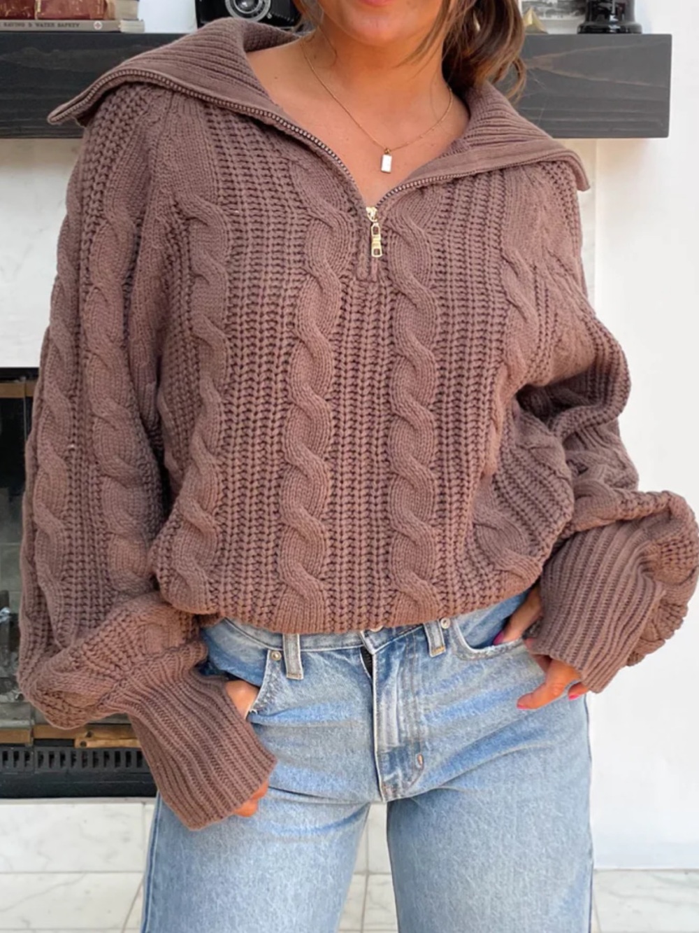 Grey bandit Cozy Cable-Knit Half-Zip Sweate- Brown